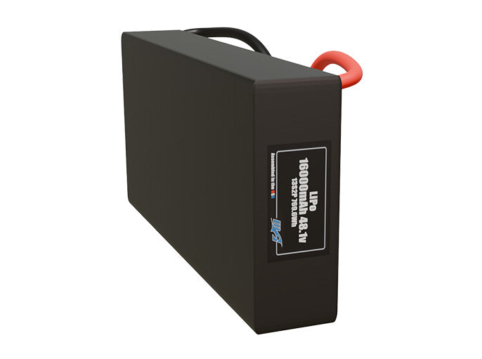 Side-angle render of a 48.1-volt 16000mAh lithium-polymer battery, assembled in the USA for compact UAV, drone, and military robotics platforms.