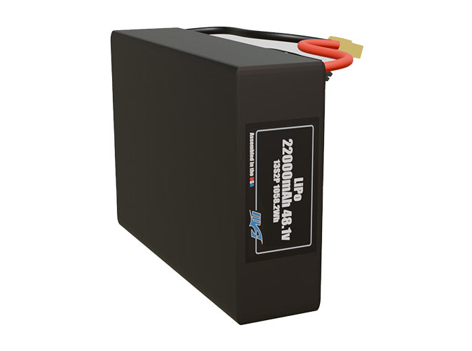 Side-angle render of a 48.1-volt 22000mAh lithium-polymer battery, assembled in the USA for compact UAV, drone, and military robotics platforms.