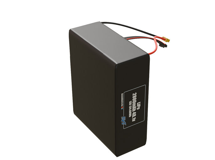 Side-angle render of a 48.1-volt 2800mAh lithium-polymer battery, assembled in the USA for compact UAV, drone, and military robotics platforms.