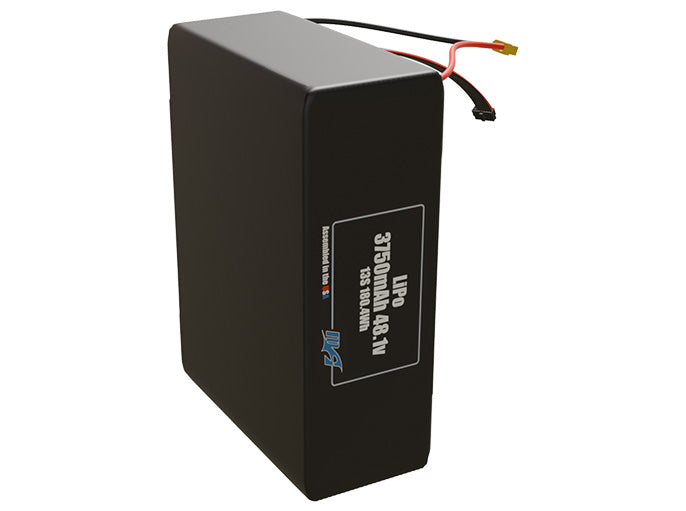 Side-angle render of a 48.1-volt 3750mAh lithium-polymer battery, assembled in the USA for compact UAV, drone, and military robotics platforms.