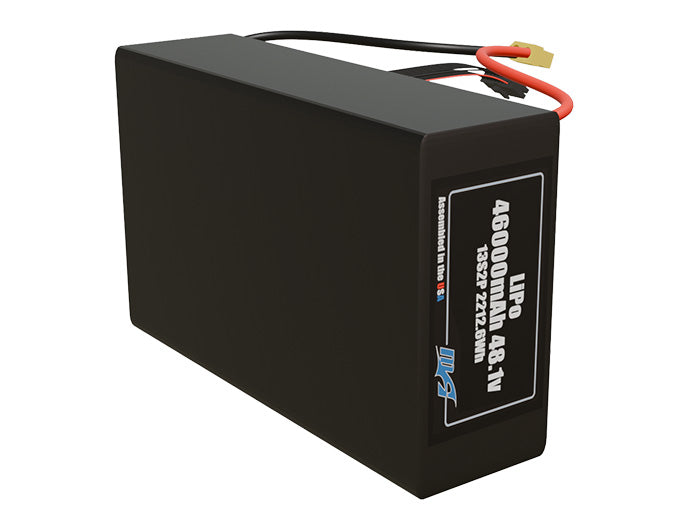 Side-angle render of a 48.1-volt 46000mAh lithium-polymer battery, assembled in the USA for compact UAV, drone, and military robotics platforms.