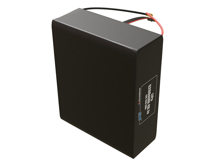 Side-angle render of a 48.1-volt 5200mAh lithium-polymer battery, assembled in the USA for compact UAV, drone, and military robotics platforms.