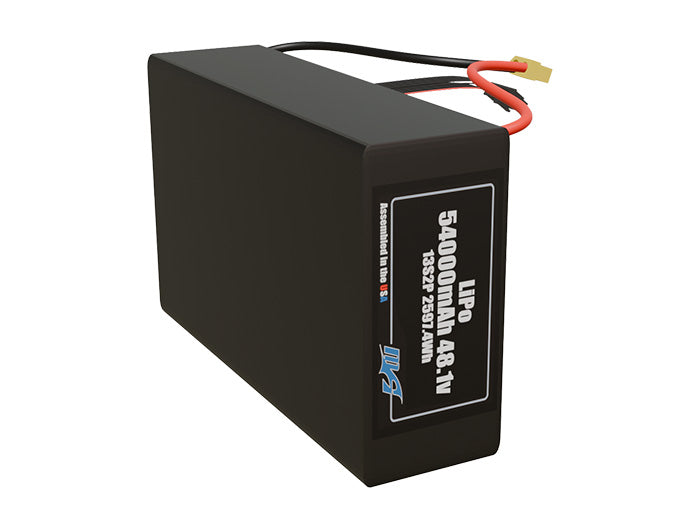 Side-angle render of a 48.1-volt 54000mAh lithium-polymer battery, assembled in the USA for compact UAV, drone, and military robotics platforms.