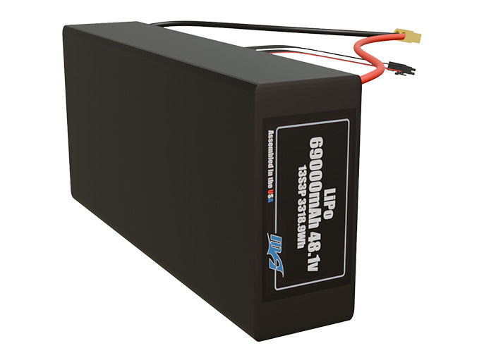 Side-angle render of a 48.1-volt 69000mAh lithium-polymer battery, assembled in the USA for compact UAV, drone, and military robotics platforms.