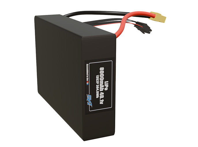 Side-angle render of a 48.1-volt 8000mAh lithium-polymer battery, assembled in the USA for compact UAV, drone, and military robotics platforms.