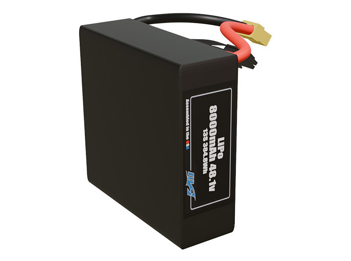 Side-angle render of a 48.1-volt 8000mAh lite lithium-polymer battery, assembled in the USA for compact UAV, drone, and military robotics platforms.