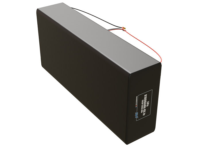 Side-angle render of a 48.1-volt 81000mAh lithium-polymer battery, assembled in the USA for compact UAV, drone, and military robotics platforms.