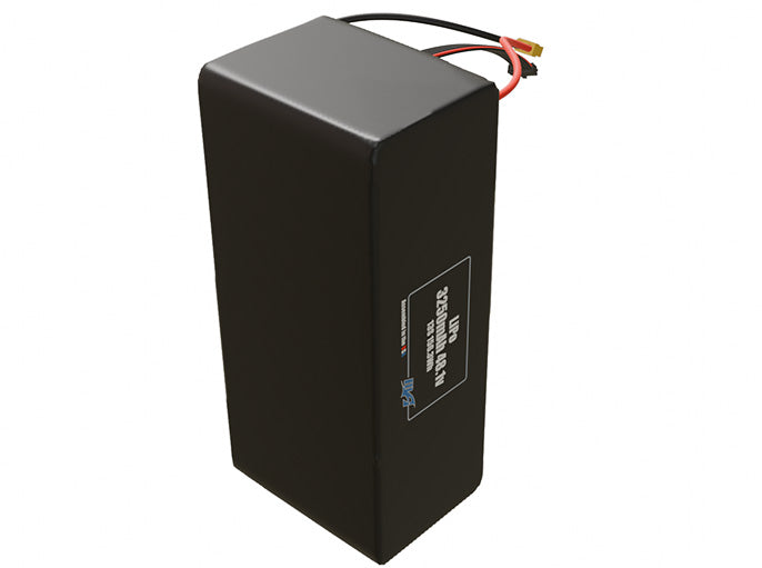 Side-angle render of a 48.1-volt 3250mAh lithium-polymer battery, assembled in the USA for compact UAV, drone, and military robotics platforms.