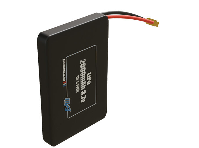 Side-angle render of a 3.7-volt 2000mAh lithium-polymer battery, assembled in the USA for compact UAV, drone, and military robotics platforms.