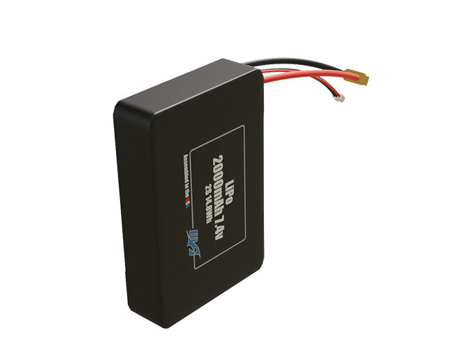 Side-angle render of a 7.4-volt 2000mAh lithium-polymer battery, assembled in the USA for compact UAV, drone, and military robotics platforms.