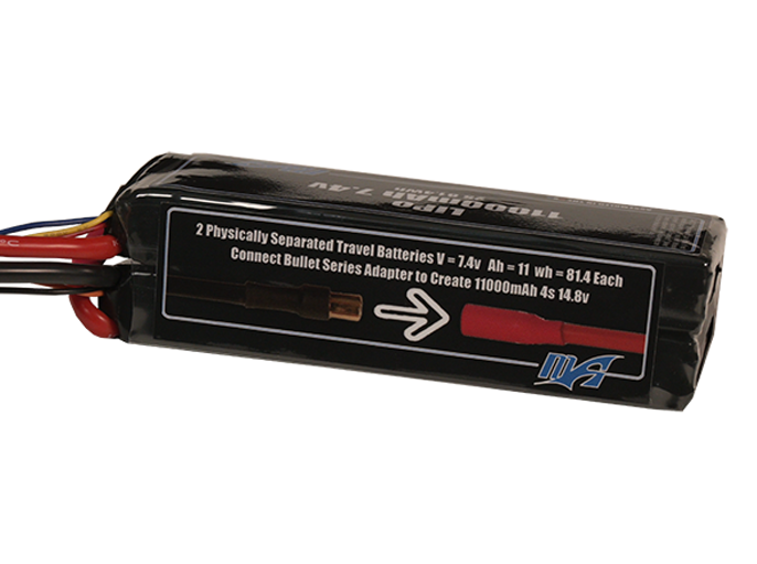 Front-facing render of the 14.8V 11000mAh 4S LiPo modular battery, assembled in the USA by maxamps, for drone and robotics applications.