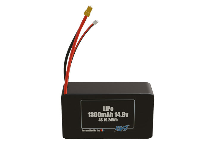 Front-facing render of the 14.8V 1300mAh 4S LiPo battery, assembled in the USA by maxamps, for drone and robotics applications.