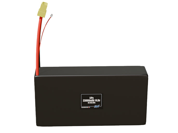 Front-facing render of the 14.8V 23000mAh 4S LiPo battery, assembled in the USA by maxamps, for drone and robotics applications.