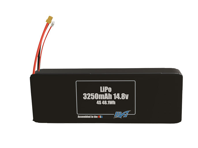 Front-facing render of the 14.8V 3250mAh 4S LiPo battery, assembled in the USA by maxamps, for drone and robotics applications.