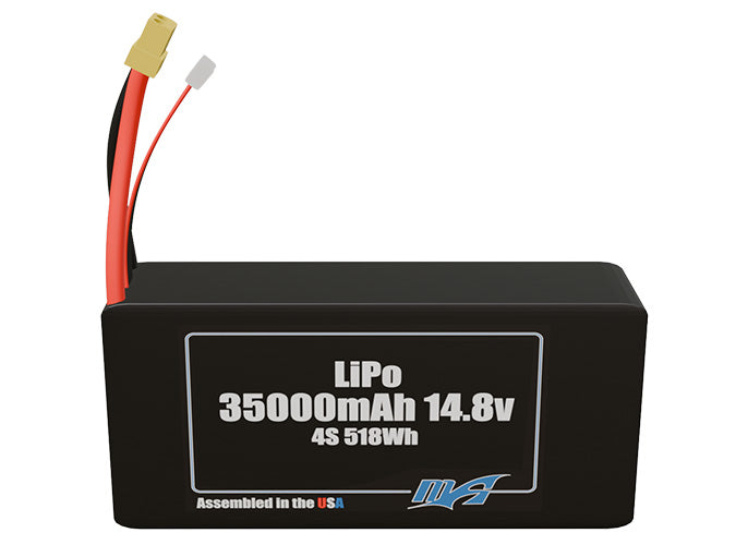 Front-facing render of the 14.8V 35000mAh 4S LiPo battery, assembled in the USA by maxamps, for drone and robotics applications.