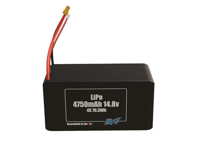 Front-facing render of the 14.8V 4750mAh 4S LiPo battery, assembled in the USA by maxamps, for drone and robotics applications.