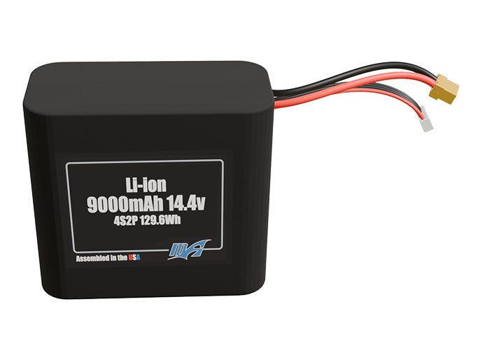 Front-facing render of the 14.4V 9000mAh 4S2P Li-ion battery, assembled in the USA by maxamps, for drone and robotics applications.