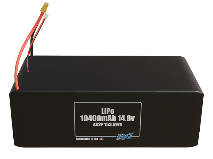 Front-facing render of the 14.8V 10400mAh 4S2P LiPo battery, assembled in the USA by maxamps, for drone and robotics applications.