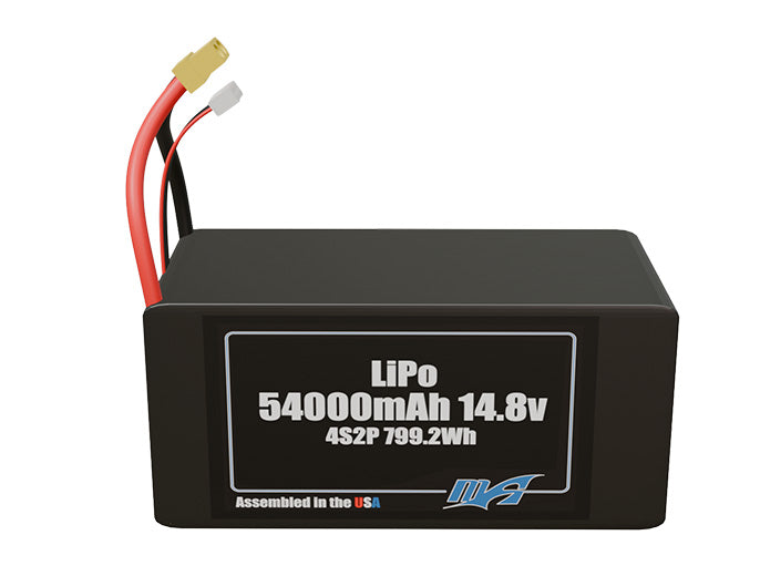 Front-facing render of the 14.8V 54000mAh 4S2P LiPo battery, assembled in the USA by maxamps, for drone and robotics applications.