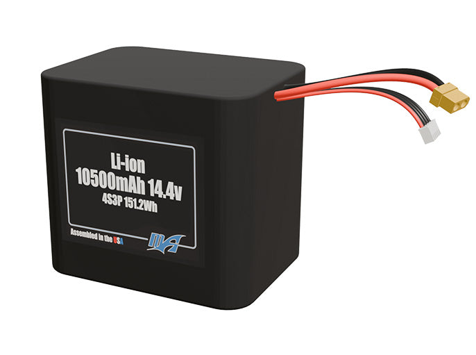Front-facing render of the 14.4V 10500mAh 4S3P Li-ion battery, assembled in the USA by maxamps, for drone and robotics applications.