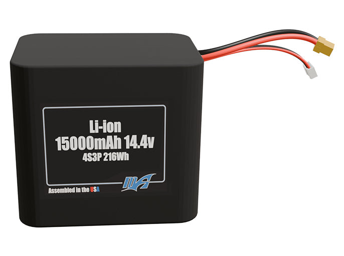 Front-facing render of the 14.4V 15000mAh 4S3P Lithium-Ion battery, assembled in the USA by maxamps, for drone and robotics applications.