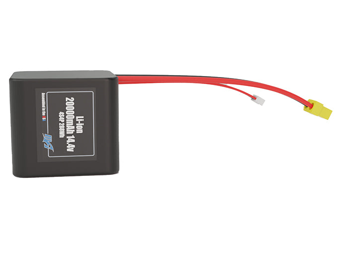 Front-facing render of the 14.4V 20000mAh 4S4P Lithium-Ion battery, assembled in the USA by maxamps, for drone and robotics applications.
