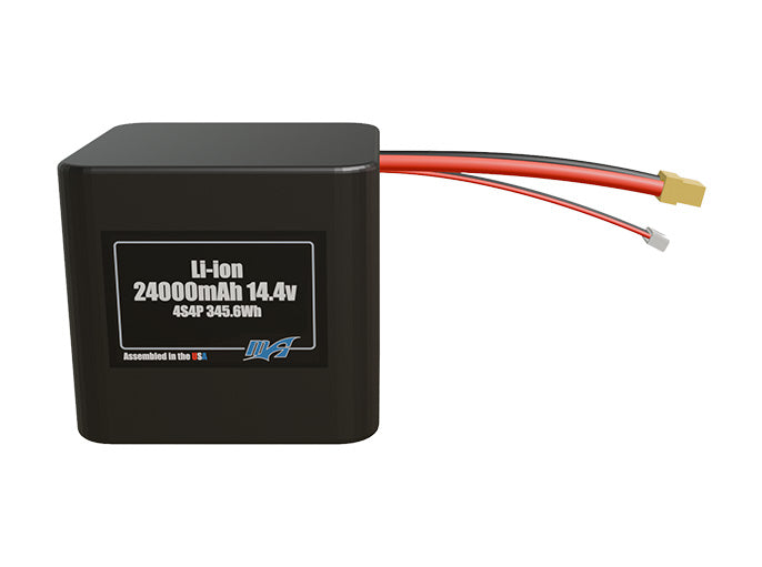 Front-facing render of the 14.4V 24000mAh 4S4P Lithium-Ion battery, assembled in the USA by maxamps, for drone and robotics applications.