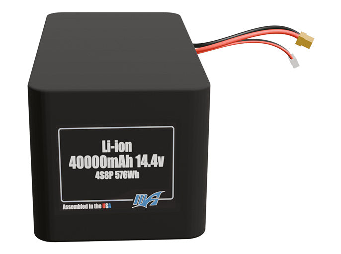 Front-facing render of the 14.4V 40000mAh 4S8P Lithium-Ion battery, assembled in the USA by maxamps, for drone and robotics applications.