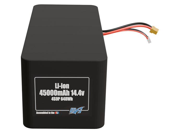 Front-facing render of the 14.4V 45000mAh 4S9P Lithium-Ion battery, assembled in the USA by maxamps, for drone and robotics applications.