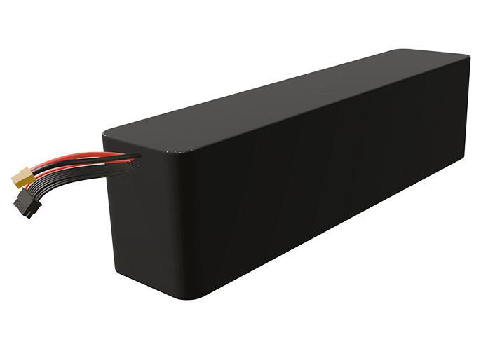 Side-angle render of a 50.4-volt 10500mAh lithium-ion battery, assembled in the USA for compact UAV, drone, and military robotics platforms.