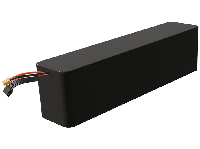 Side-angle render of a 50.4-volt 15000mAh lithium-ion battery, assembled in the USA for compact UAV, drone, and military robotics platforms.
