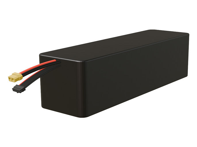 Side-angle render of a 50.4-volt 20000mAh lithium-ion battery, assembled in the USA for compact UAV, drone, and military robotics platforms.