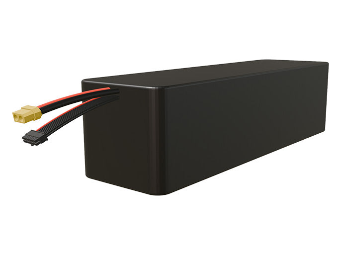 Side-angle render of a 50.4-volt 24000mAh lithium-ion battery, assembled in the USA for compact UAV, drone, and military robotics platforms.