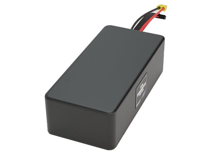 Side-angle render of a 50.4-volt 30000mAh lithium-ion battery, assembled in the USA for compact UAV, drone, and military robotics platforms.