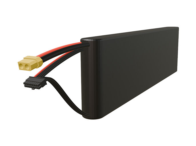 Side-angle render of a 50.4-volt 3500mAh lithium-ion battery, assembled in the USA for compact UAV, drone, and military robotics platforms.