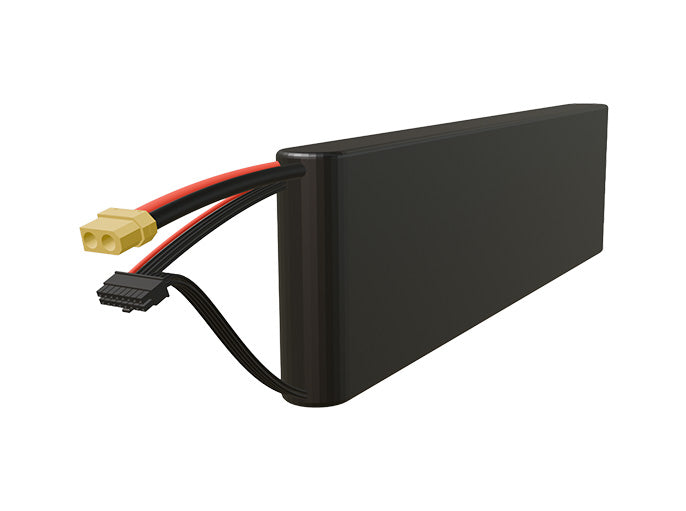 Side-angle render of a 50.4-volt 4500mAh lithium-ion battery, assembled in the USA for compact UAV, drone, and military robotics platforms.