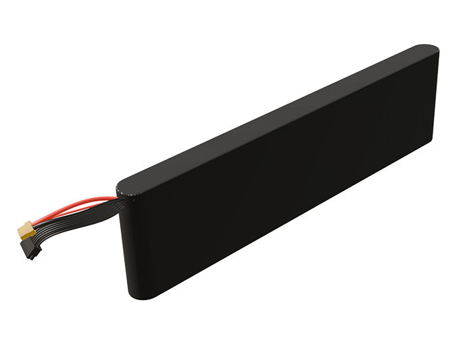 Side-angle render of a 50.4-volt 5000mAh lithium-ion battery, assembled in the USA for compact UAV, drone, and military robotics platforms.