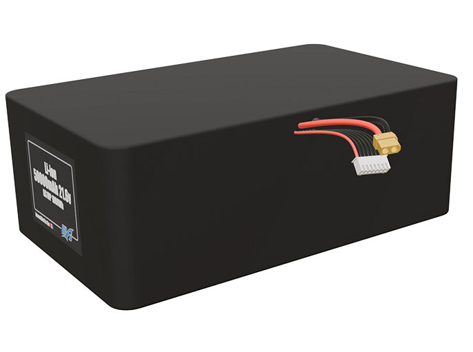 Angled product render of the 50000mAh 60-cell Lithium-ion pack. A lightweight energy source for UAV, drone, and robotic builds.