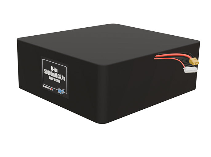 Angled product render of the 50000mAh 90-cell Lithium-ion pack. A lightweight energy source for UAV, drone, and robotic builds.