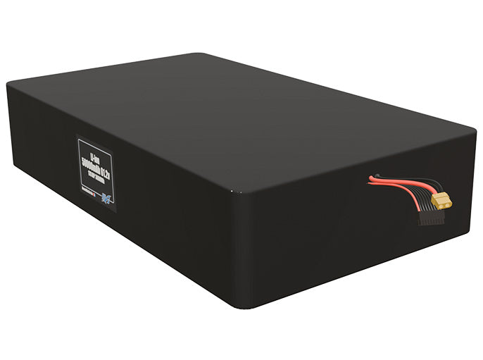 Angled product render of the 50000mAh 170-cell Lithium-ion pack. A lightweight energy source for UAV, drone, and robotic builds.