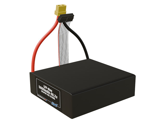Angled product render of the 5000mAh 14-cell LFP-Max LiFePO4 pack. A lightweight energy source for UAV, drone, and robotic builds.