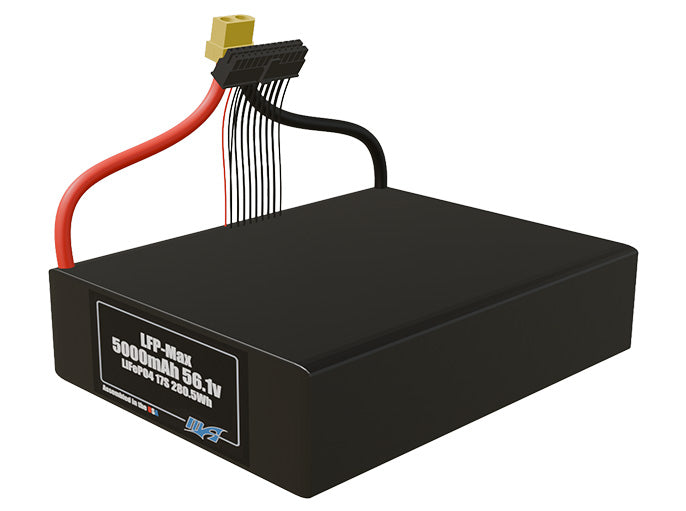 Angled product render of the 5000mAh 17-cell LFP-Max LiFePO4 pack. A lightweight energy source for UAV, drone, and robotic builds.