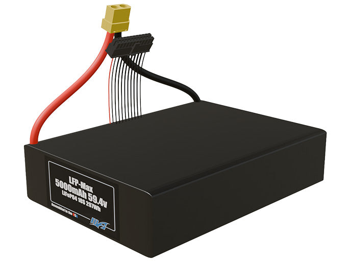 Angled product render of the 5000mAh 18-cell LFP-Max LiFePO4 pack. A lightweight energy source for UAV, drone, and robotic builds.