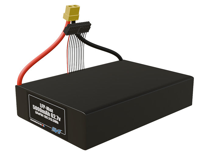 Angled product render of the 5000mAh 19-cell LFP-Max LiFePO4 pack. A lightweight energy source for UAV, drone, and robotic builds.