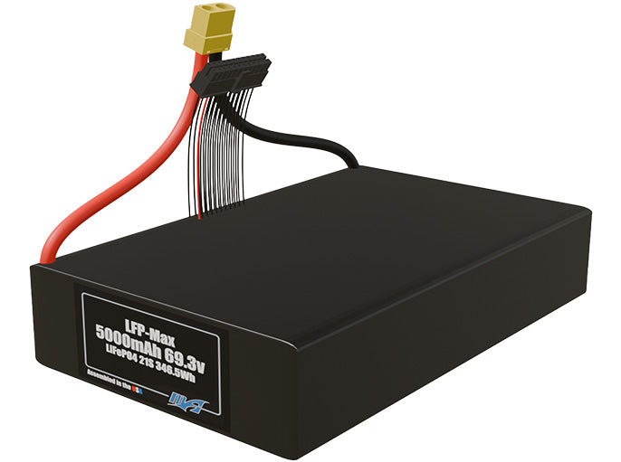 Angled product render of the 5000mAh 21-cell LFP-Max LiFePO4 pack. A lightweight energy source for UAV, drone, and robotic builds.