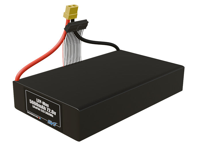 Angled product render of the 5000mAh 22-cell LFP-Max LiFePO4 pack. A lightweight energy source for UAV, drone, and robotic builds.