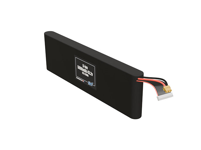 Angled product render of the 5000mAh twelve-cell Li-ion pack. A lightweight energy source for UAV, drone, and robotic builds.