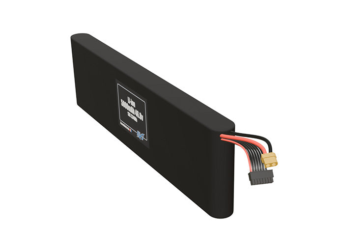 Angled product render of the 5000mAh thirteen-cell Li-ion pack. A lightweight energy source for UAV, drone, and robotic builds.