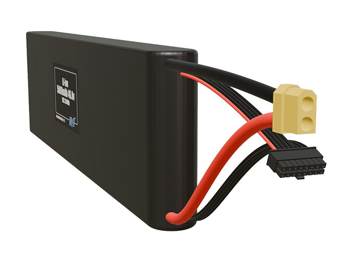 Angled product render of the 5000mAh thirteen-cell Li-ion pack. A lightweight energy source for UAV, drone, and robotic builds.