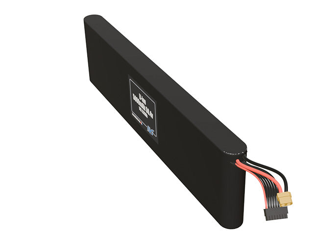 Angled product render of the 5000mAh fourteen-cell Li-ion pack. A lightweight energy source for UAV, drone, and robotic builds.